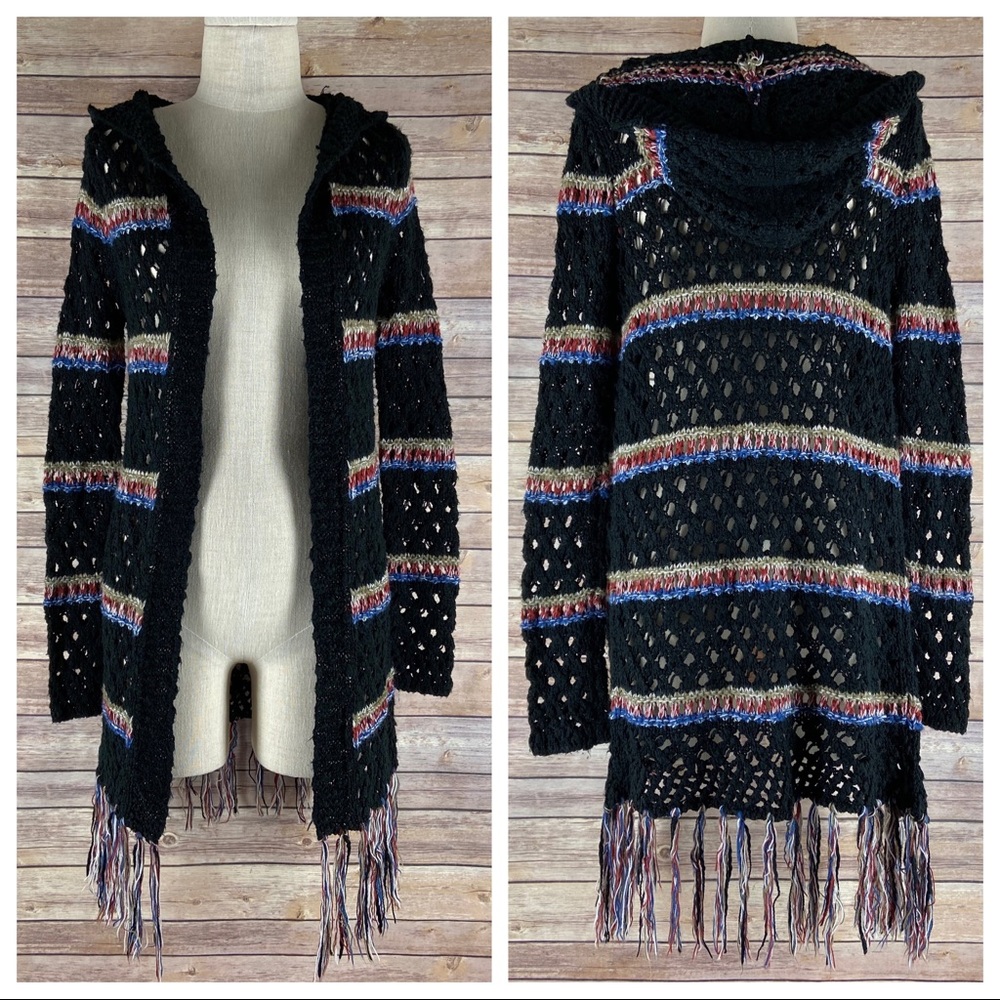 Love Tree Hooded Cardigan Long Macrame Fringe Open Knit Colorful Stripe Sweater